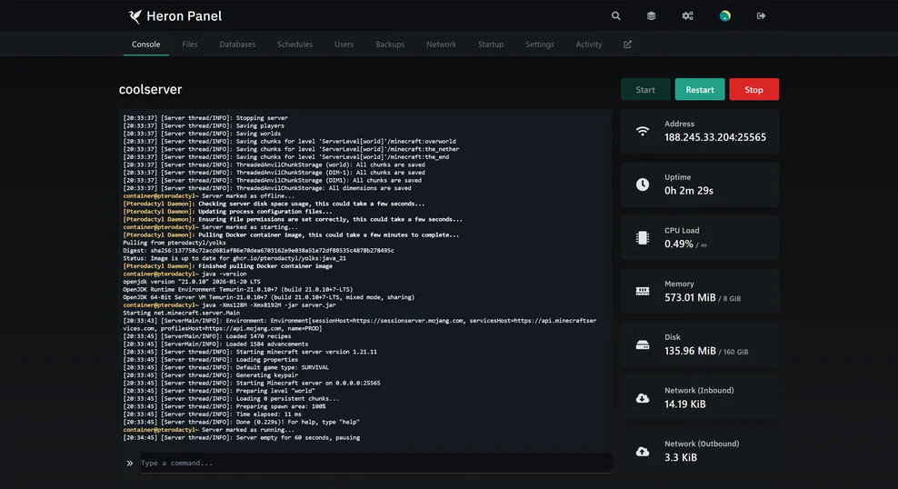Live Console — Server Heron game server control panel